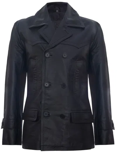 Infinity Leather Mens Cow Hide Dr Who Naval German Pea Coat Leather Jacket In Black