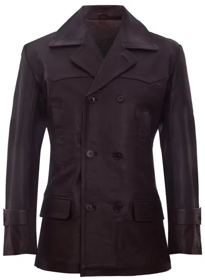 Infinity Leather Mens Cow Hide Dr Who Naval German Pea Coat Leather Jacket In Brown