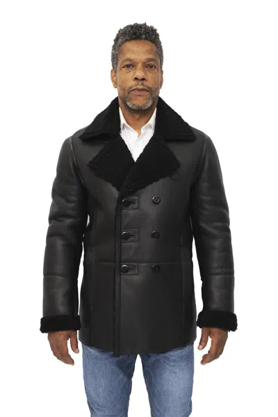 Infinity Leather Mens Double Breasted Shearling Sheepskin Pea Coat-kington In Black