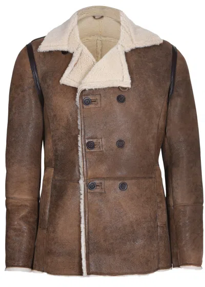 Infinity Leather Mens Double Breasted Shearling Sheepskin Pea Coat-valencia In Brown