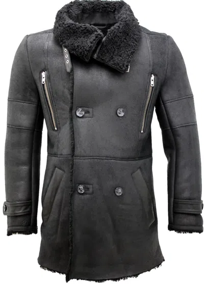 Infinity Leather Mens Double Breasted Sheepskin Reefer Coat-candon In Black
