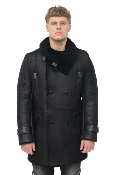 Infinity Leather Mens Double Breasted Sheepskin Reefer Coat-ledbury In Black