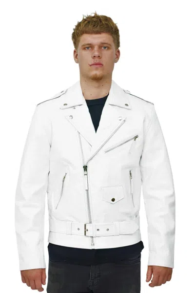 Infinity Leather Mens Fringe Hide Leather Biker Jacket- Tokyo In White