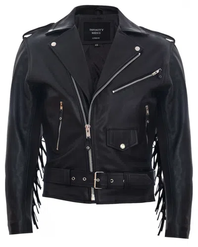 Infinity Leather Mens Fringe Hide Leather Brando Tasseled Motorcycle Biker Jacket In Black