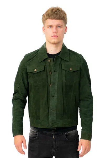 Infinity Leather Mens Goat Suede Leather Trucker Jacket-taraz In Green