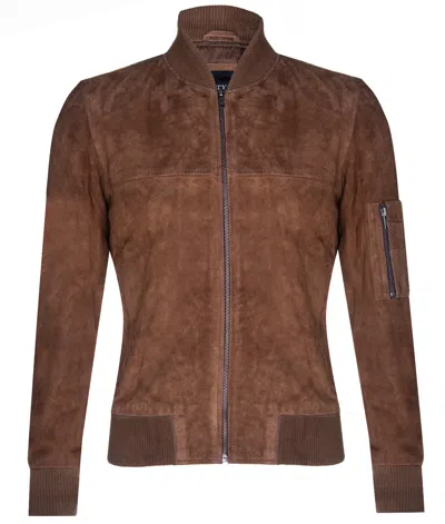 Infinity Leather Mens Suede Leather Ma-1 Varsity Bomber Jacket In Brown