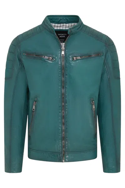 Infinity Leather Mens Green Modern Classic Leather Quilted Biker Jacket - Derry