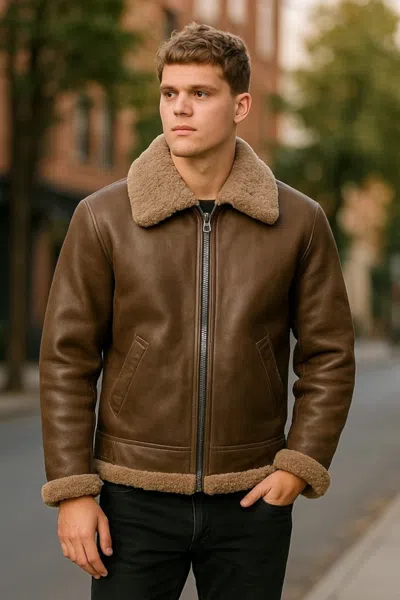 Infinity Leather Mens Grey B3 Ww2 Sheepskin Leather Flying Aviator Jacket-seshego In Brown
