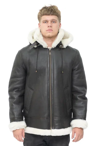 Infinity Leather Mens Hooded Sheepskin Leather B3 Flying Jacket-harwich In Brown