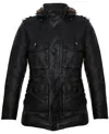 Infinity Leather Mens Hooded Trench Multi-pocket Overcoat Leather Jacket In Black