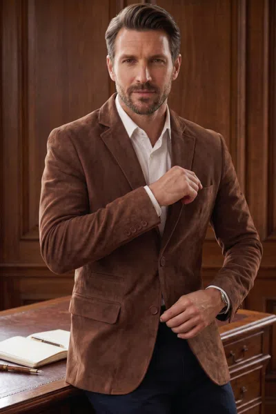 Infinity Leather Mens Italian Brown Suede Leather Blazer Jacket - Hollow