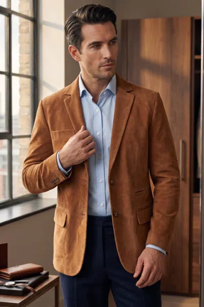 Infinity Leather Mens Italian Rust Suede Leather Blazer Jacket - Hollow In Brown