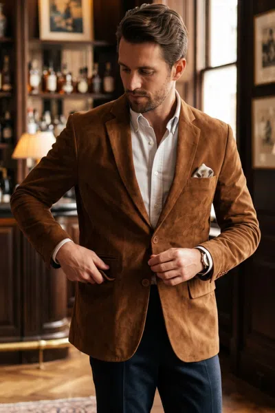 Infinity Leather Mens Italian Tan Suede Leather Blazer Jacket - Hollow In Burgundy