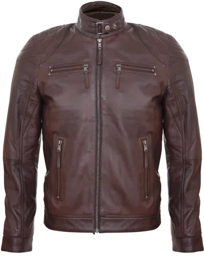 Infinity Leather Mens Leather Biker Vintage Zipped Racing Jacket In Brown