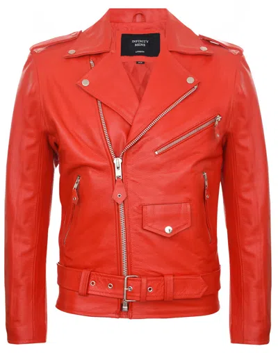 Infinity Leather Mens Leather Brando Biker Rock Motorcycle Hide Jacket In Red