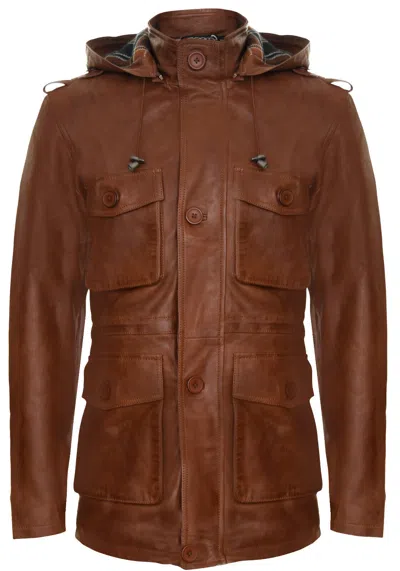 Infinity Leather Mens Hooded Trench Multi-pocket Overcoat Leather Jacket In Brown