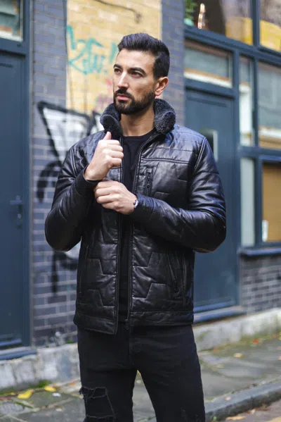 Infinity Leather Mens Leather Quilted Puffer Biker Jacket - Thornton In Black