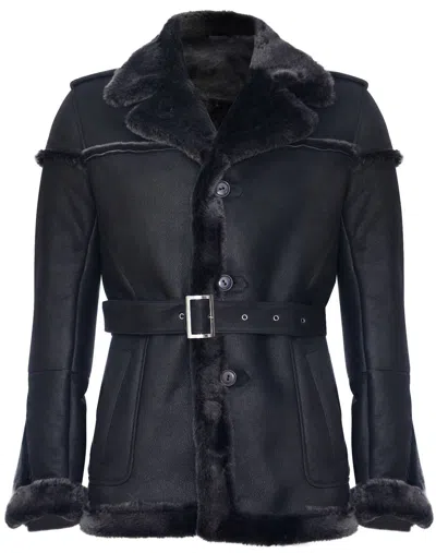 Infinity Leather Mens Merino Sheepskin Suede Jacket With Tie Belt-granada In Black