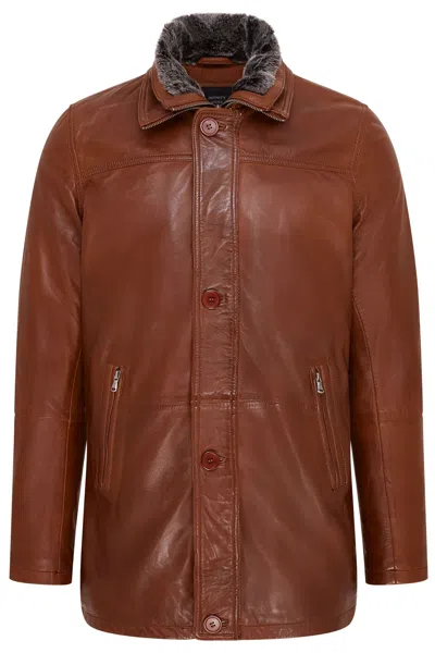 Infinity Leather Mens Removable Collar Mid Length Warm Jacket In Brown