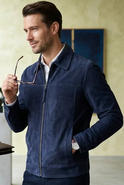 Infinity Leather Mens Navy Goat Suede Leather Harrington Biker Jacket - Ridge In Blue