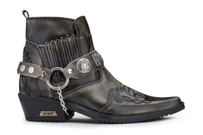 Infinity Leather Mens Olive Snakeskin Winklepicker Cowboy Leather Ankle Boots In Black