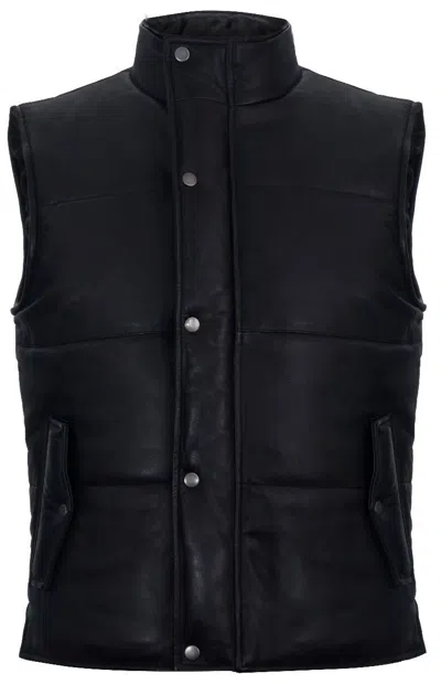 Infinity Leather Mens Puffer Warmer Waistcoat Sleeveless Padded Leather Jacket In Black