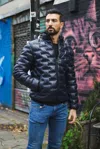 Infinity Leather Mens Quilted Puffer Leather Bomber Jacket - Torpoint In Blue