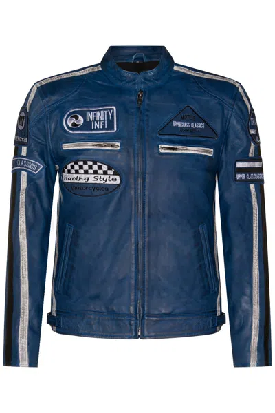 Infinity Leather Mens Racing Moto Badges Biker Leather Jacket In Blue