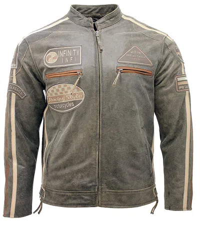 Infinity Leather Mens Racing Moto Badges Biker Leather Jacket In Brown