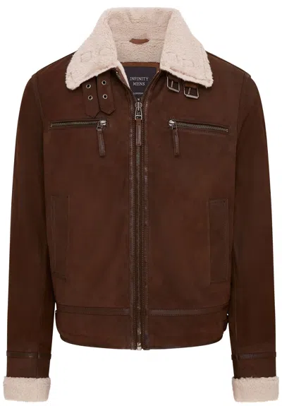 Infinity Leather Mens Real Sheep Suede Bomber Aviator Jacket - Sandnes In Brown