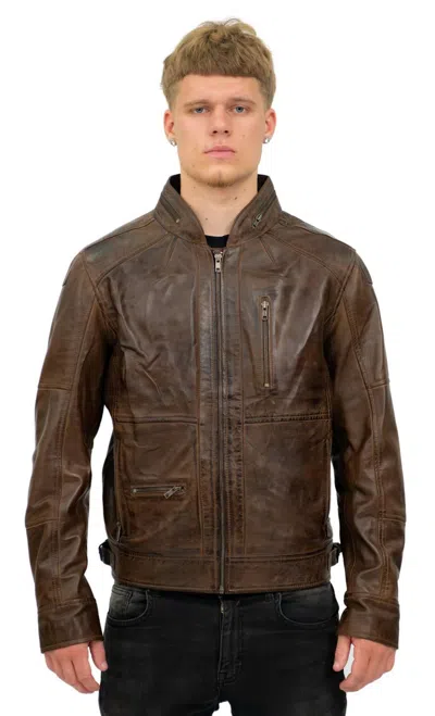 Infinity Leather Mens Retro Biker Leather Jacket-sydney In Brown