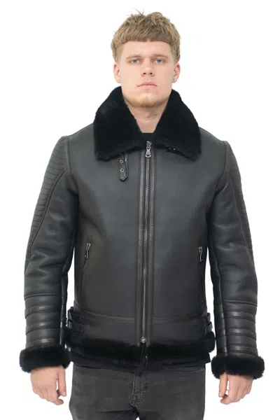 Infinity Leather Mens Retro Sheepskin Bomber Jacket-horley In Black