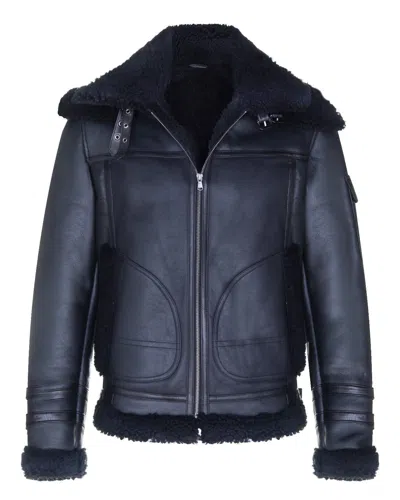 Infinity Leather Mens Retro Sheepskin Bomber Jacket-asheville In Blue