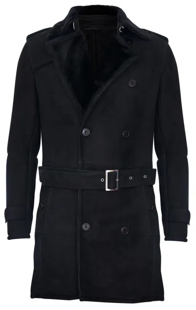 Infinity Leather Mens Shearling Sheepskin Suede Pea Coat-cali In Black