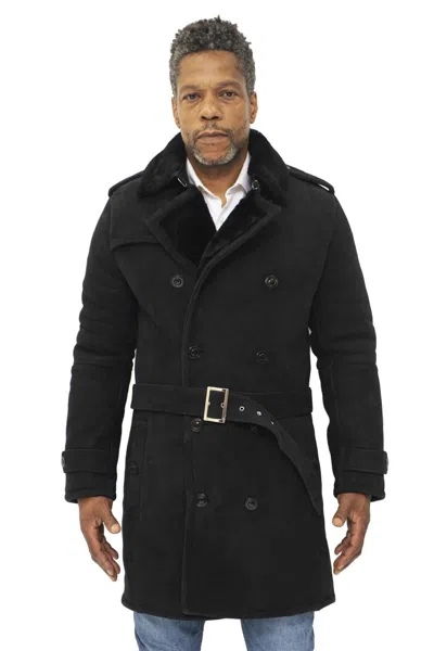 Infinity Leather Mens Shearling Sheepskin Suede Pea Coat-kempston In Black