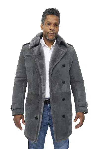 Infinity Leather Mens Shearling Sheepskin Suede Pea Coat-kempston In Grey