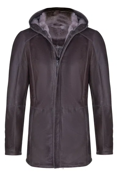 Infinity Leather Mens Sheepskin Hooded Parka Coat-alafaya In Gray
