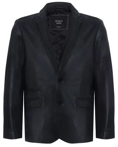 Infinity Leather Mens Slim 2 Button Leather Blazer Jacket-london In Black