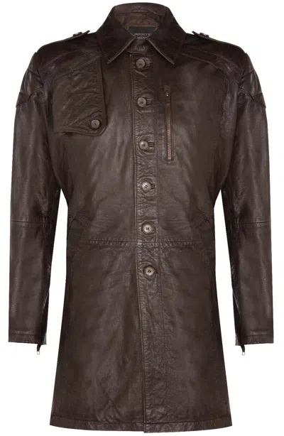 Infinity Leather Mens Soft Long Military Trench Distressed Leather Coat In Brown
