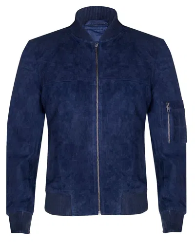 Infinity Leather Mens Suede Leather Ma-1 Varsity Bomber Jacket In Blue