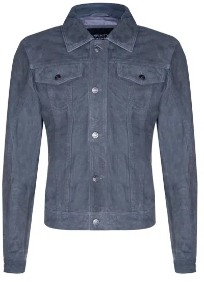 Infinity Leather Mens Suede Trucker Shirt Denim Leather Jacket In Grey