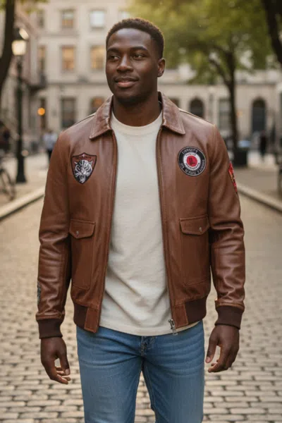 Infinity Leather Mens Tan Flying Leather Bomber Aviator Collar Jacket - Vanguard In Brown