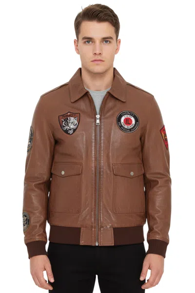 Infinity Leather Mens Tan Flying Leather Bomber G-1 Aviator Collar Jacket - Hudson In Brown