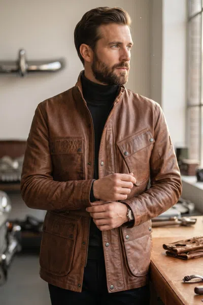Infinity Leather Mens Tan Lamb Leather Safari Parka Jacket - Haven In Brown