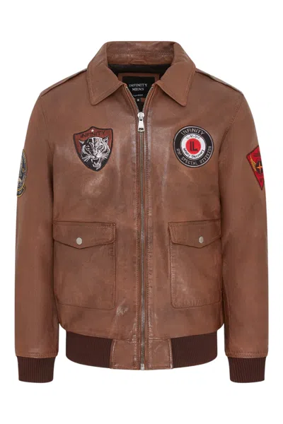 Infinity Leather Mens Tan Leather Bomber G-1 Aviator Collar Jacket - Maverick In Brown