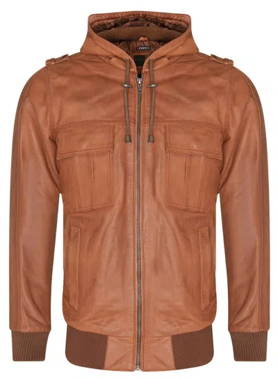 Infinity Leather Mens Tan Leather Hooded Bomber Jacket - Tirana In Brown