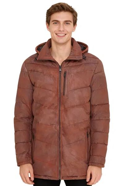 Infinity Leather Mens Tan Leather Quilted Jacket Detachable Hood Puffer Winter Coat - Orion In Multi