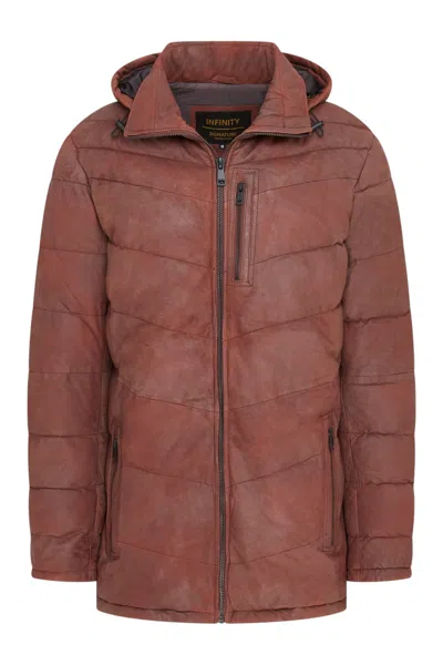 Infinity Leather Mens Tan Leather Quilted Jacket Hooded Puffer Winter Coat - Olyic In Brown