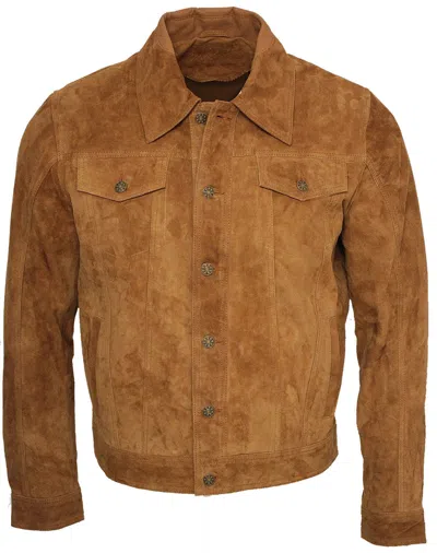 Infinity Leather Mens Trucker Classic Suede Leather Shirt Jeans Jacket In Brown