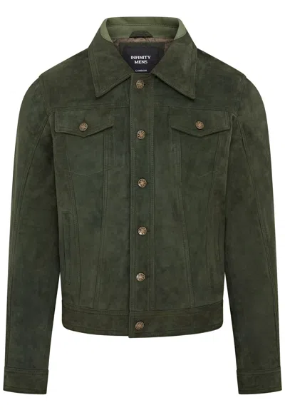 Infinity Leather Mens Trucker Goat Suede Western Leather Jeans Jacket - Yangon In Green